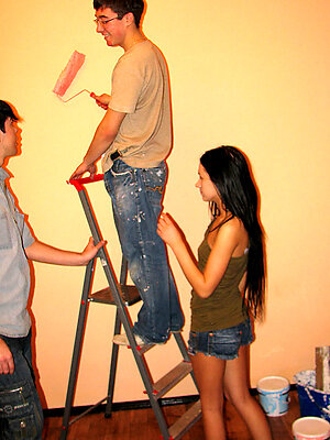 Petite Russian teen gets naked with the house painters and blows them both